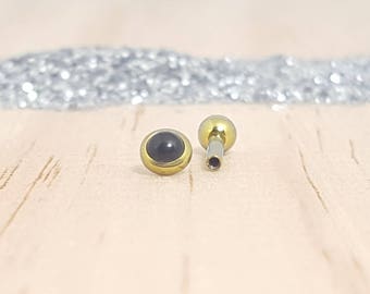 Onyx Stone in Bezel and Yellow Gold Titanium Barbell Post for Cartilage and Tragus Piercings