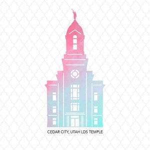 May include: A watercolor illustration of the Cedar City, Utah LDS Temple. The temple is depicted in shades of pink and blue, with a white silhouette.