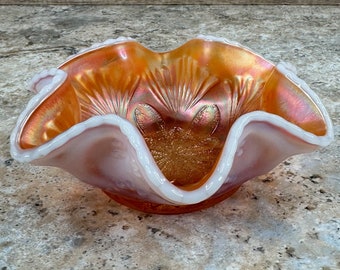 Dugan Petal and Fan Carnival Glass Bowl with Opalescent Jeweled Heart Design