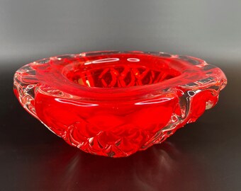 Vintage Red Murano Glass Bowl: Heavy Italian Art Glass Decor