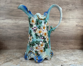 Colorful Limoges-style Pitcher with Hand-Painted Flowers