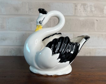 Hand-Painted Vintage Ceramic Swan Figurine - Unique Black White Swan Home Decor