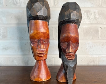 1970s Carvings: Vintage Wooden Man and Woman Head Statues