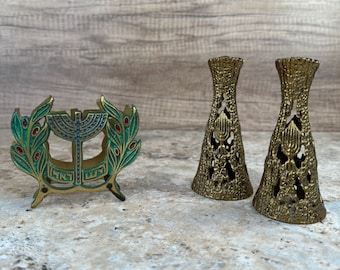 Vintage Brass Judaica - Candle Holders and Napkin Holder Set
