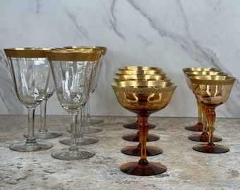 Gold-Rimmed Tiffin Glass Sets - Vintage Barware, Rambler Rose, Laurel Leaf