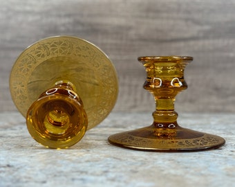 Amber Chic Candlesticks with Gold Floral Pattern - Set of 2, Vintage Decor