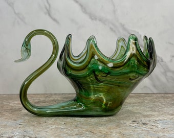 Sooner Arklahoma Art Glass Green Swan - Vintage Decorative Collectible