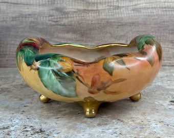 Antique Footed Nut Bowl with Hand Painted Floral Gilt Design and Gold Trim, Signed ISH