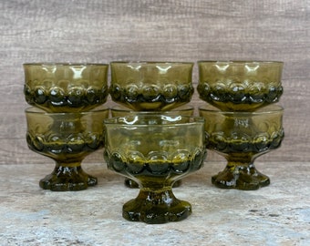 Tiffin Franciscan Medeira Olive Green Sherbet Glasses, Set of 7 - Vintage Glassware