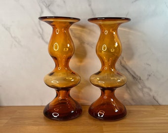 Handblown Amber Ombre Art Glass Vases - Set of 2