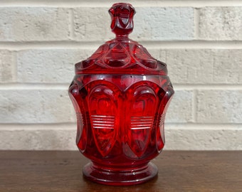 Fancy Fenton Ruby Red Glass Oval Candy Dish with Lid - Barred Oval Design