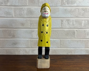 Vintage Hand Carved Wooden Fisherman with Yellow Coat and White Beard, 12 inch Tall
