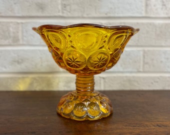 Antique LE Smith Amber Glass Moon and Stars Compote - Elegant Footed Pedestal Bowl