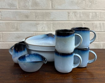 Vintage Peter Pots Stoneware Set - 7 Pieces Including Mugs, Casserole, Creamer, Sugar Shell
