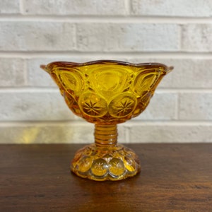 Antique LE Smith Amber Glass Moon and Stars Compote - Elegant Footed Pedestal Bowl