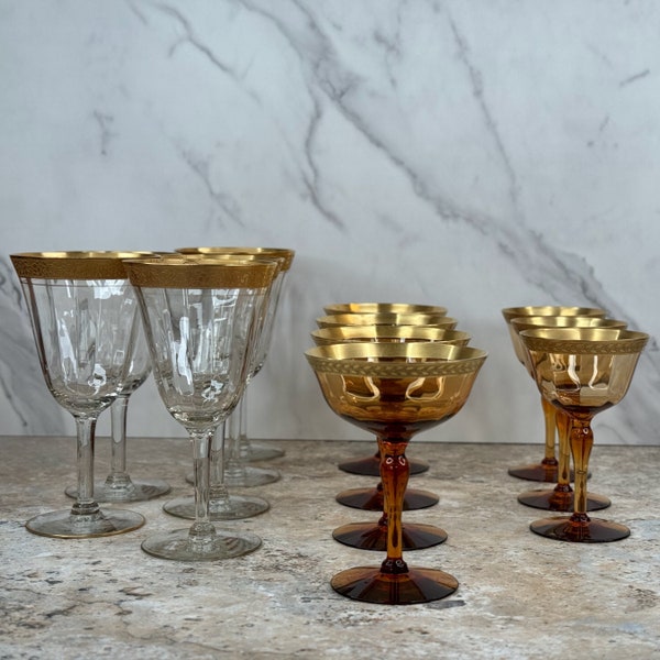 Gold-Rimmed Tiffin Glass Sets - Vintage Barware, Rambler Rose, Laurel Leaf