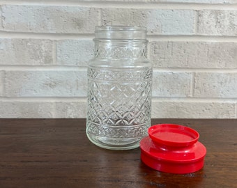 Vintage Anchor Hocking Quilted Glass Canister - Stylish Red Lid Included!