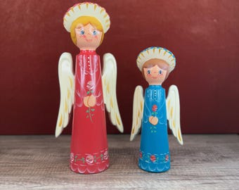 Hand Painted Wood Angel Figurines: Folk Art Celestial Guardians