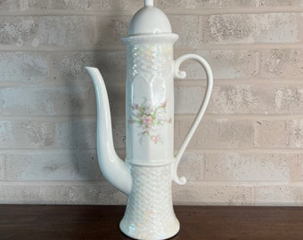 Colorful Iridescent Tea Pot with Hand-painted Design - Extra Tall Ceramic