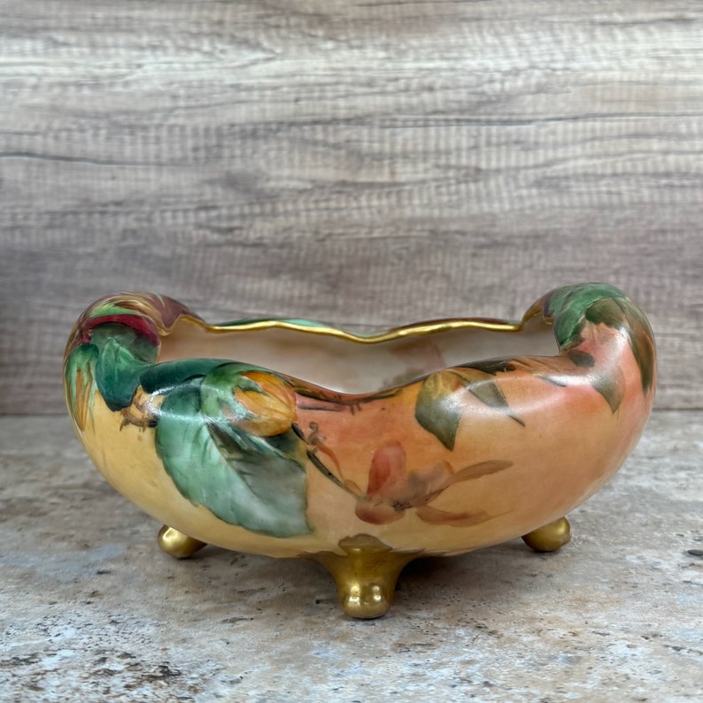Antique Footed Nut Bowl with Hand Painted Floral Gilt Design and Gold Trim, Signed ISH image 1