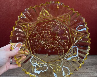 Federal Glass Intaglio Fruit Pioneer Amber Yellow Ruffle Dish for Display or Serving