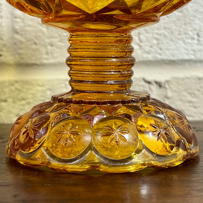 Antique LE Smith Amber Glass Moon and Stars Compote Elegant Footed Pedestal Bowl image 9