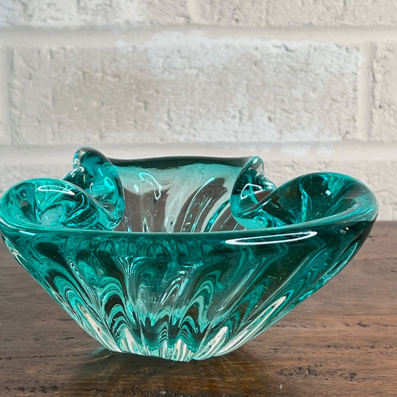 Teal Glassware, Vintage Murano Glass, Small Blue Trinket Dish from the 1950s image 3