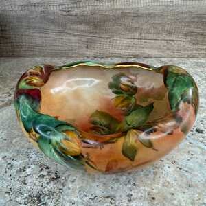 Antique Footed Nut Bowl with Hand Painted Floral Gilt Design and Gold Trim, Signed ISH image 2