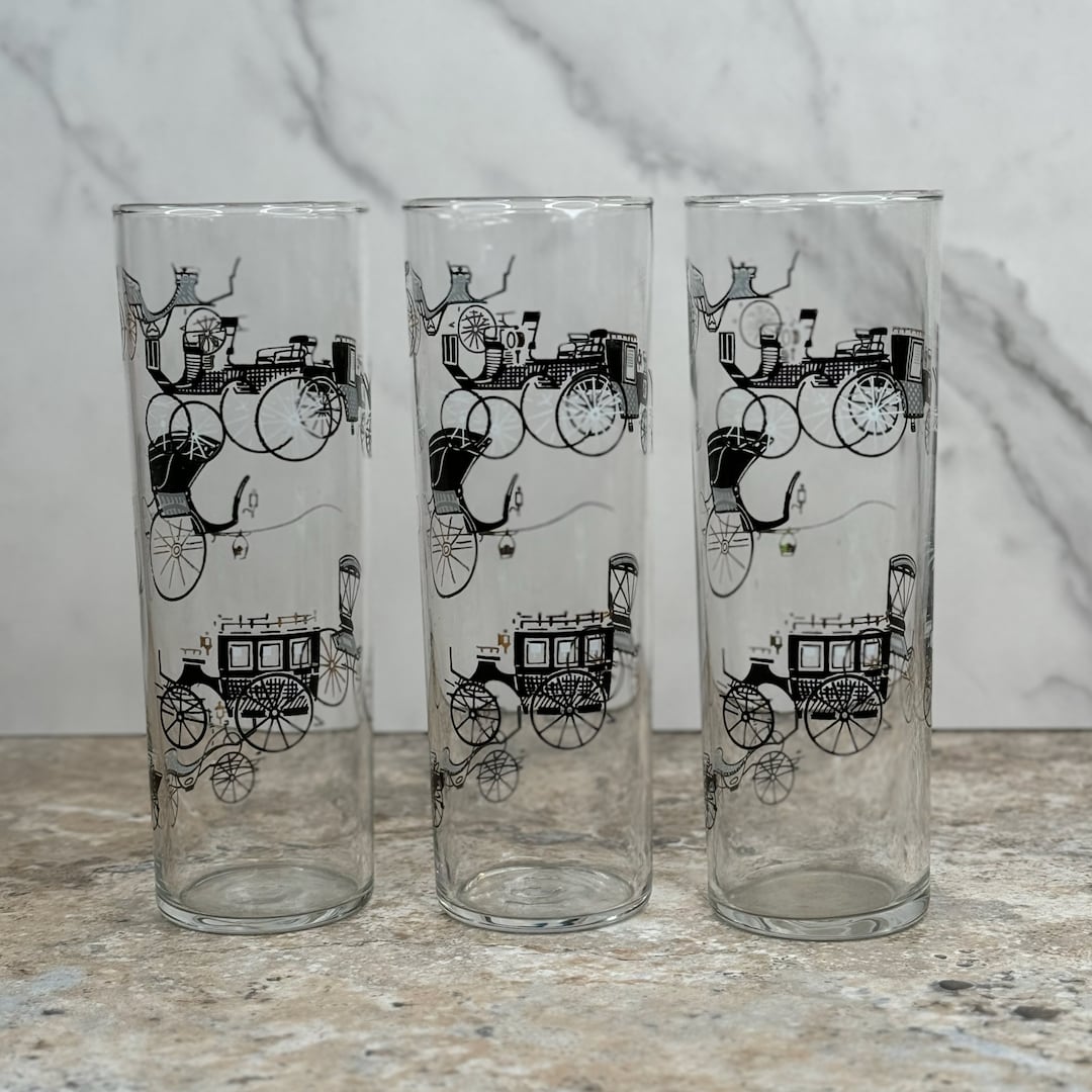 Libbey Collins Glasses With Stagecoach Graphics Set of 3 Vintage
