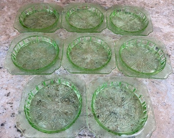 Jeanette Glass Uranium Coasters, Set of 8, Historic Glass Items for Table Decor