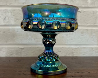 Vintage Indiana Glass Kings Crown Blue Carnival Glass Compote Bowl Pedestal Dish