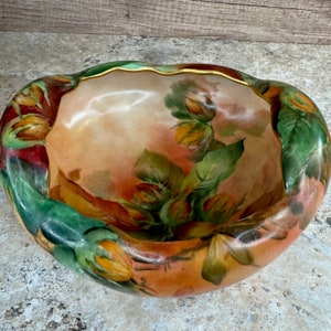 Antique Footed Nut Bowl with Hand Painted Floral Gilt Design and Gold Trim, Signed ISH image 3
