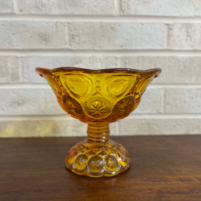 Antique LE Smith Amber Glass Moon and Stars Compote Elegant Footed Pedestal Bowl image 3