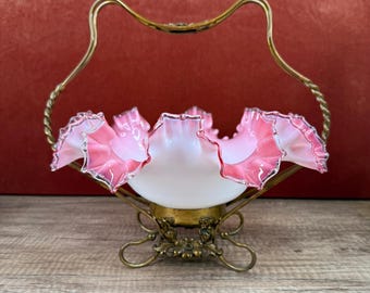 Van Bergh Co Victorian Pink Glass Basket with Ornate Brass Stand