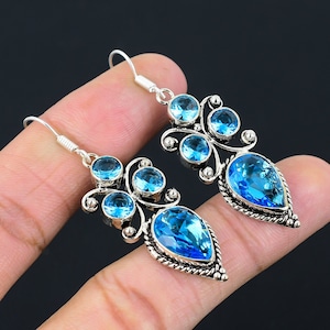 Blue Topaz Silver Earring,925 Sterling Silver Earring, Gemstone earring, Handmade Jewelry, Blue Topaz Silver Earring Wedding Gift for Her