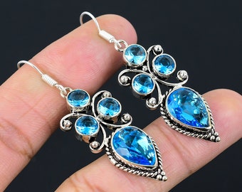 Blue Topaz Silver Earring,925 Sterling Silver Earring, Gemstone earring, Handmade Jewelry, Blue Topaz Silver Earring Wedding Gift for Her