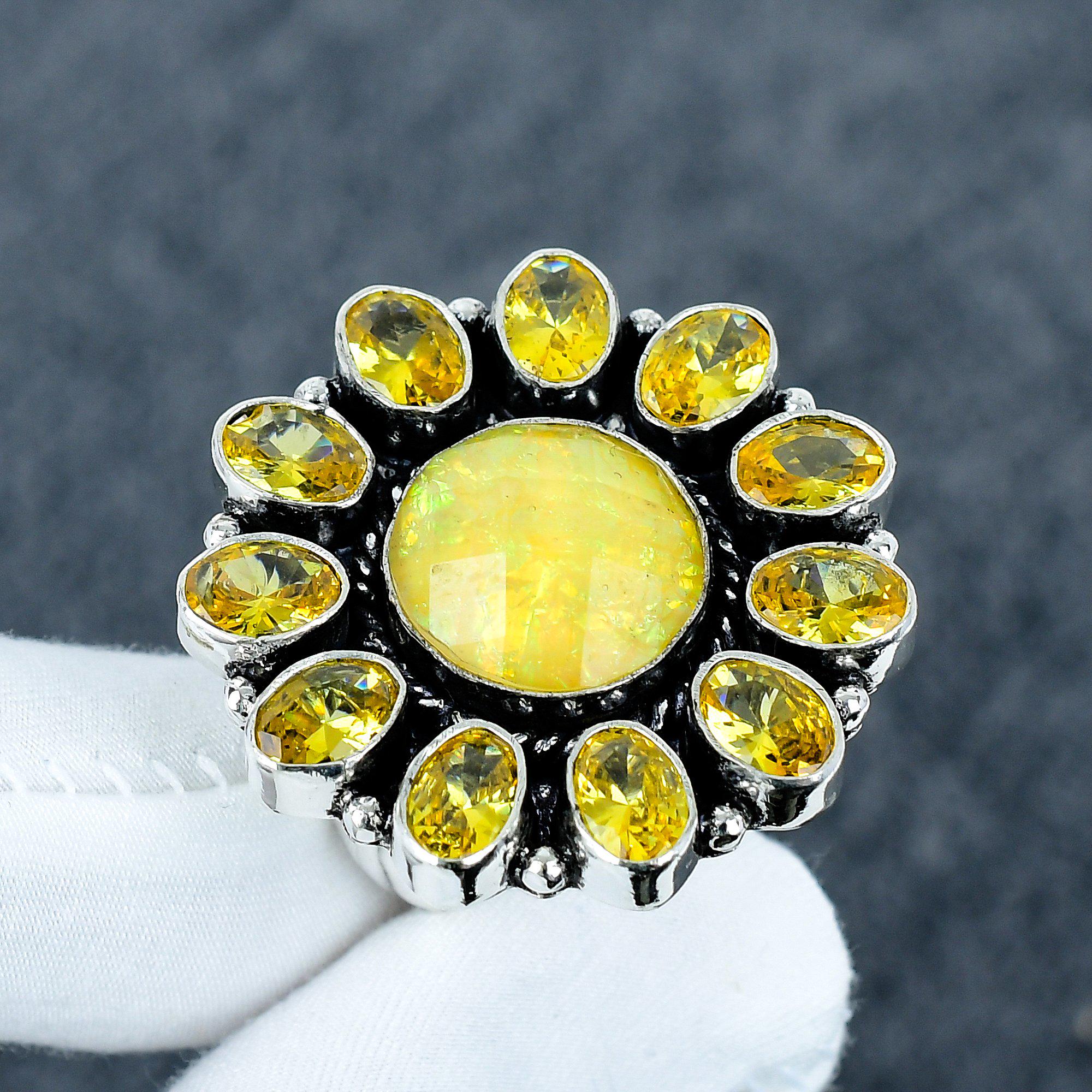 オパールシトリンフラワーリング：925スターリングシルバー