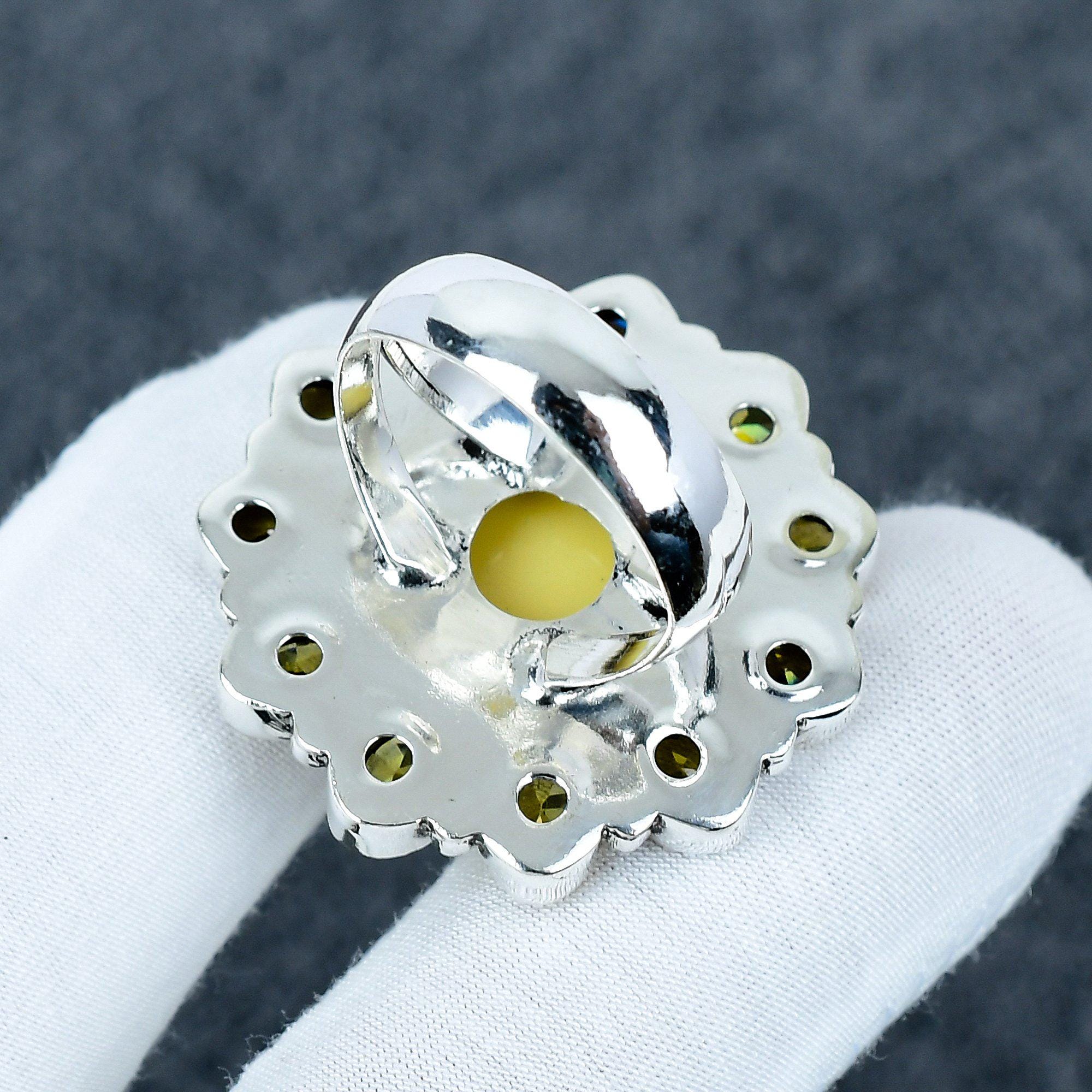 オパールシトリンフラワーリング：925スターリングシルバー