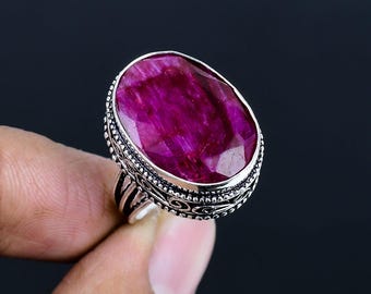 Kashmiri Rubin 925 Silverring, Handgjord Vintage Statementring