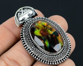 Aurora Borealis Opal Gemstone pendant-925 Sterling Silver Pendant-Handmade jewelry-designer Silver Pendant anniversary Gift For mom
