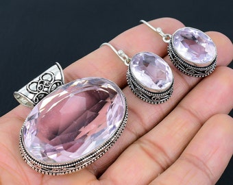 Pink Kunzite Gemstone 925 Sterling Silver Pendant Earring Set, Handmade Jewelry,Pink Kunzite silver Jewelry Set gift for women girl Love