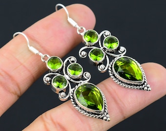 Handmade Peridot Gemstone Earrings: 925 Sterling Silver Dangle Drop Earrings