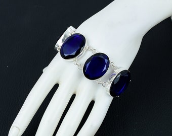 Quarts de tanzanite Bracelet en argent avec pierres précieuses 925 Bracelet en argent sterling 925 Bijoux Bracelet réglable en argent et quartz de tanzanite pour cadeau