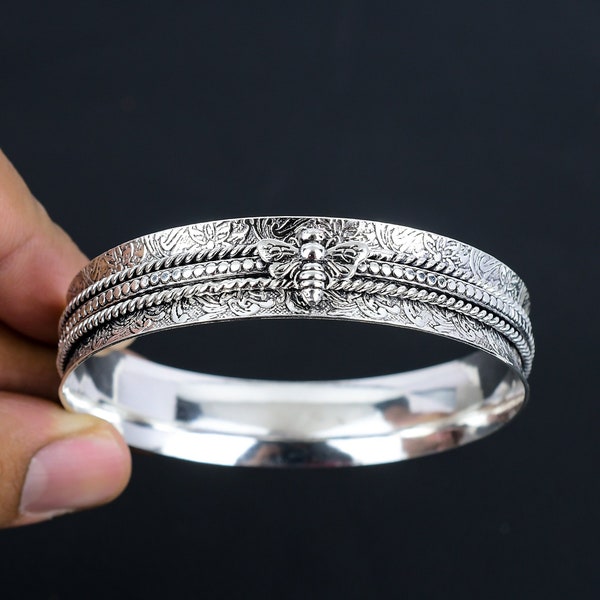 Handmade Sterling Silver Spinner Bangle: Vintage Bee Design