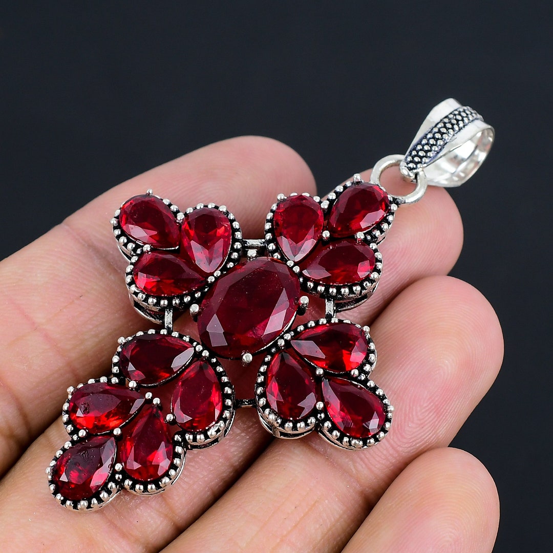Genuine Mozambique Garnet and Lab Diamond Silver Crossover Pendant Necklace main image 1