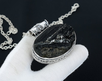 Black Tourmaline Gemstone Handmade 925 Sterling Silver Pendant Necklace Jewellery, Black Tourmaline Silver jewelry Wedding Gift For Sister
