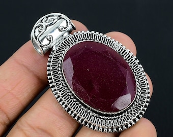 Kashmiri Ruby Pendant Necklace: Vintage Sterling Silver Jewelry