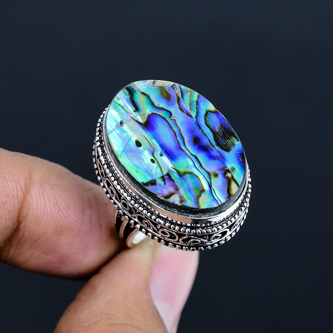 Shell 925 Ring Abalone Shell 925 Sterling Silver Ring, Handmade Vintage Statement Ring ...