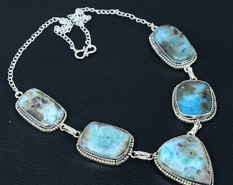 Caribbean Larimar Necklace,925 Sterling Silver Necklace-Gemstone Necklace-Handmade Jewelry-Natural Gemstone Necklace Birthday Gift for Mom