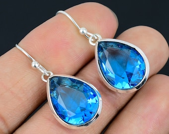 Handmade Blue Topaz Silver Earring-925 Sterling Earring-Gemstone Earring-Blue Topaz Silver Earring anniversary, Birthday Gift for women&#39;s